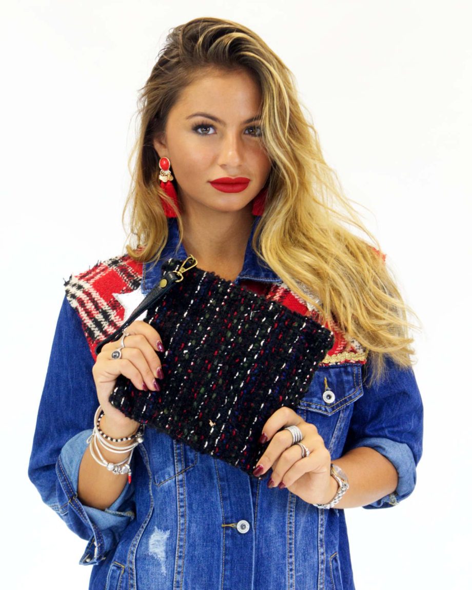 Clutch & Pochette in Lana con impunture colorate e maniglia in vera pelle - apiedinudinelparco