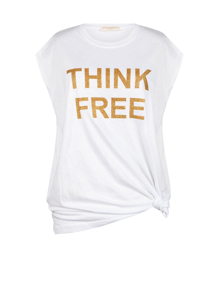 T-Shirt Maxi Smanicato THINK FREE con Glitter - Bianco