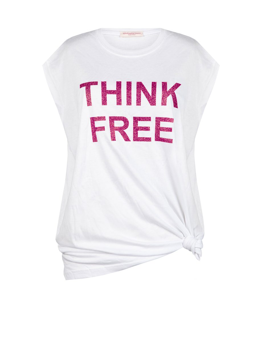 T-Shirt Maxi Smanicato THINK FREE con Glitter - Bianco