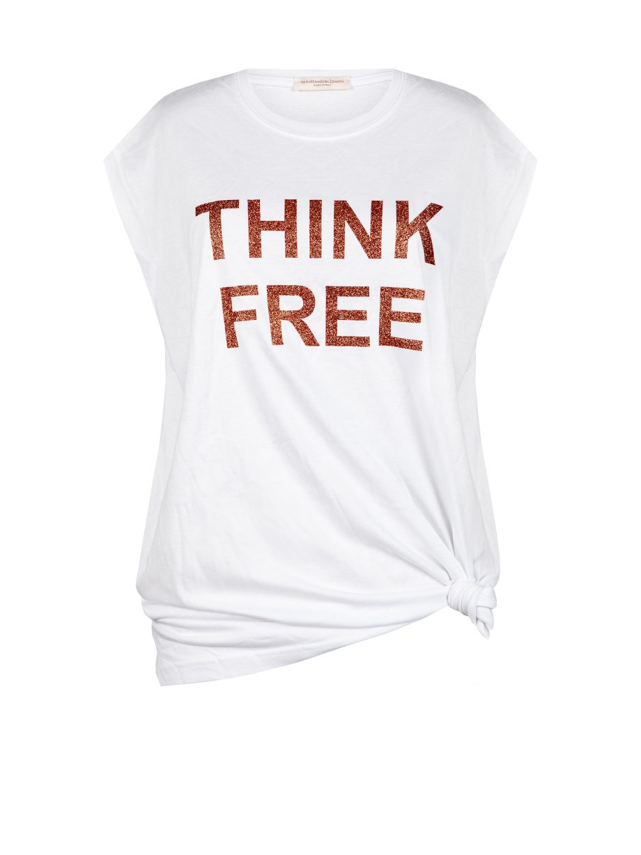 T-Shirt Maxi Smanicato THINK FREE con Glitter - Bianco