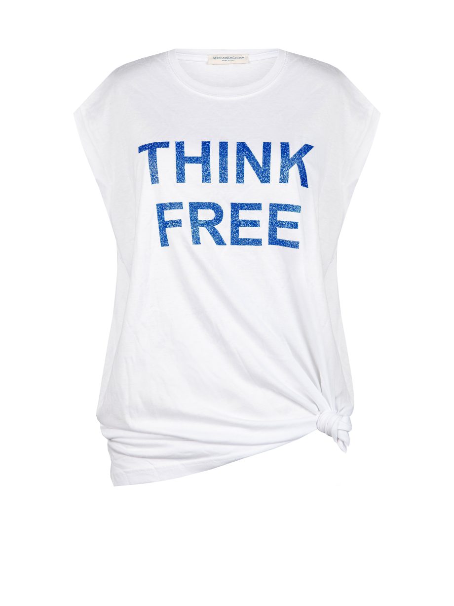 T-Shirt Maxi Smanicato THINK FREE con Glitter - Bianco