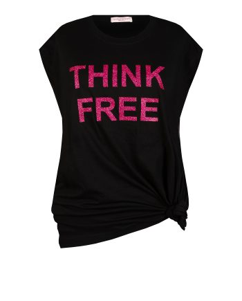 T-Shirt Maxi Smanicato THINK FREE con Glitter - Nero