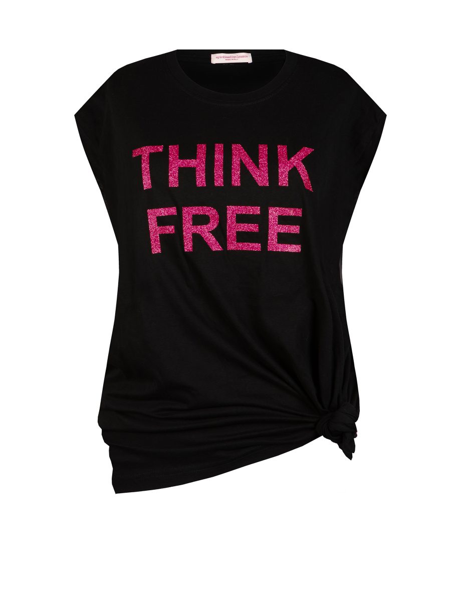 T-Shirt Maxi Smanicato THINK FREE con Glitter - Nero