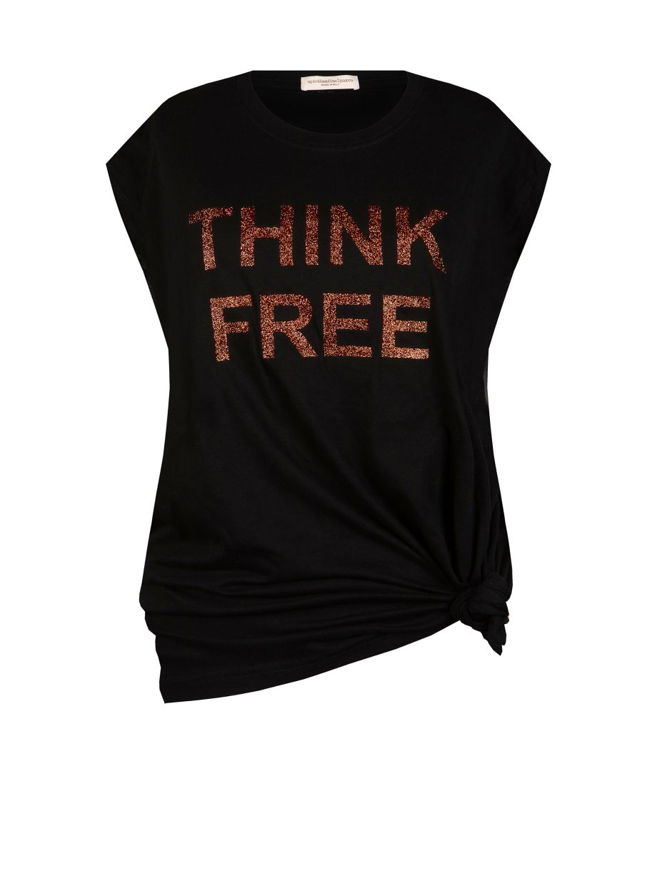 T-Shirt Maxi Smanicato THINK FREE con Glitter - Nero