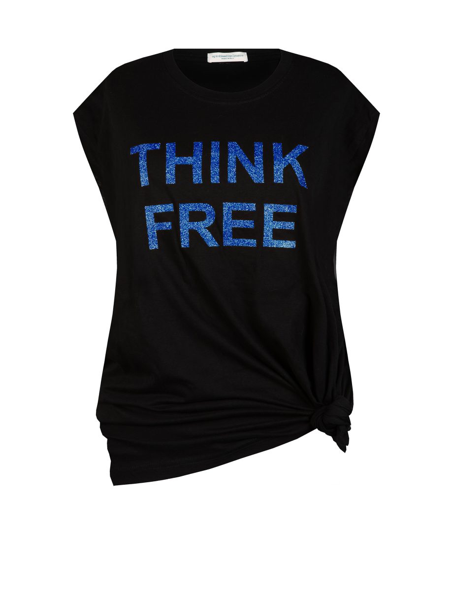 T-Shirt Maxi Smanicato THINK FREE con Glitter - Nero