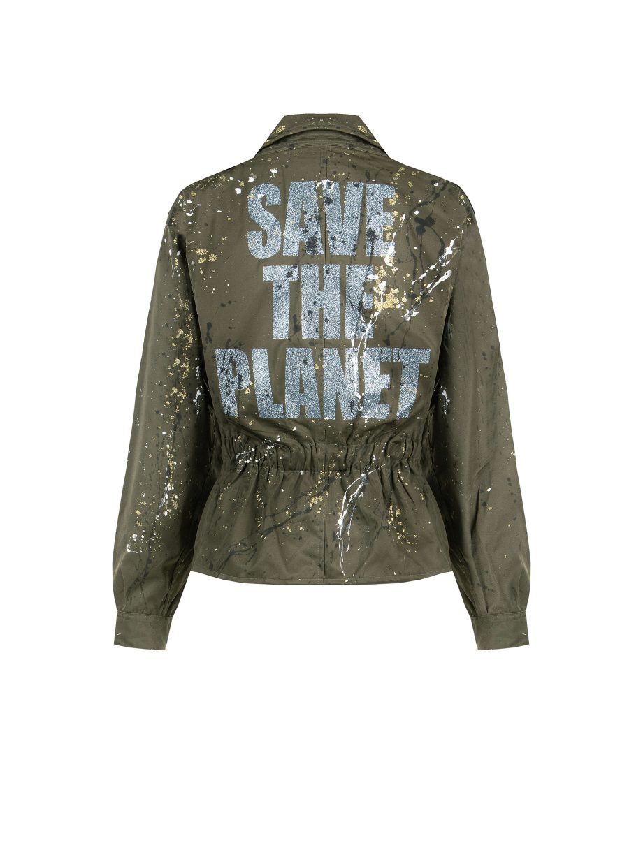 Giacca Corta Militare Dipinto a Mano con Glitter - Save The Planet