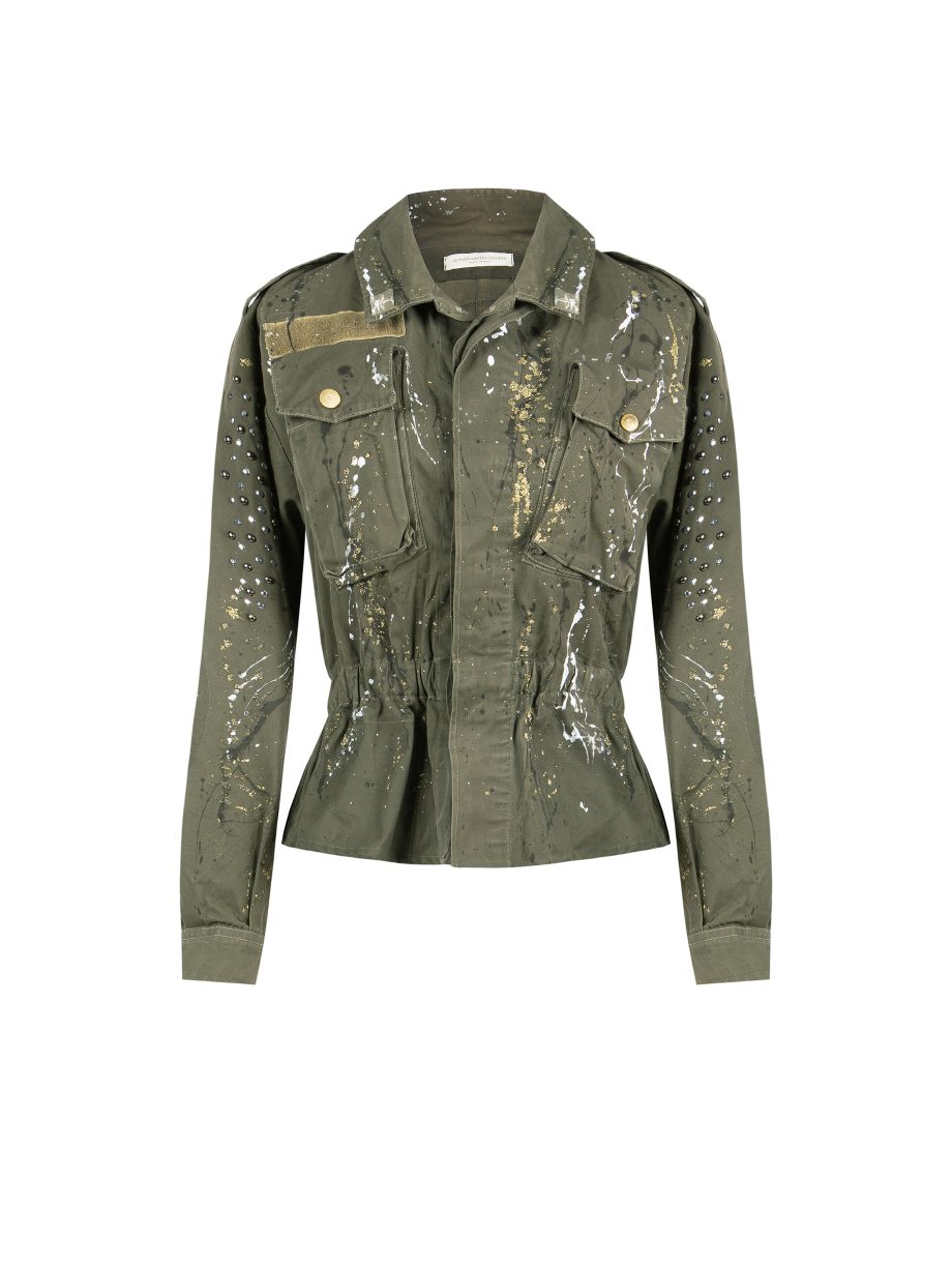 Giacca Corta Militare Dipinto a Mano con Glitter - Save The Planet