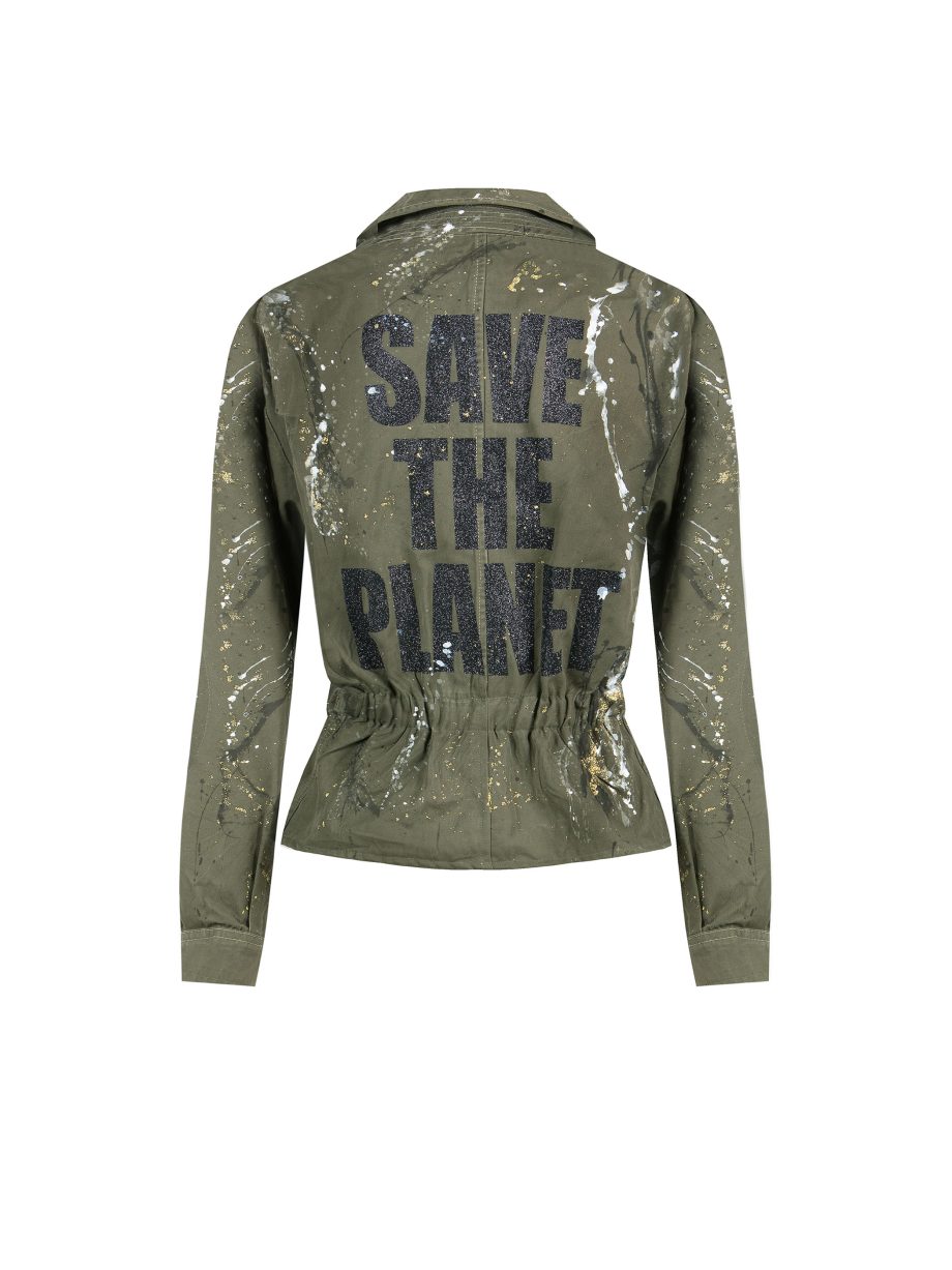 Giacca Corta Militare Dipinto a Mano con Glitter - Save The Planet
