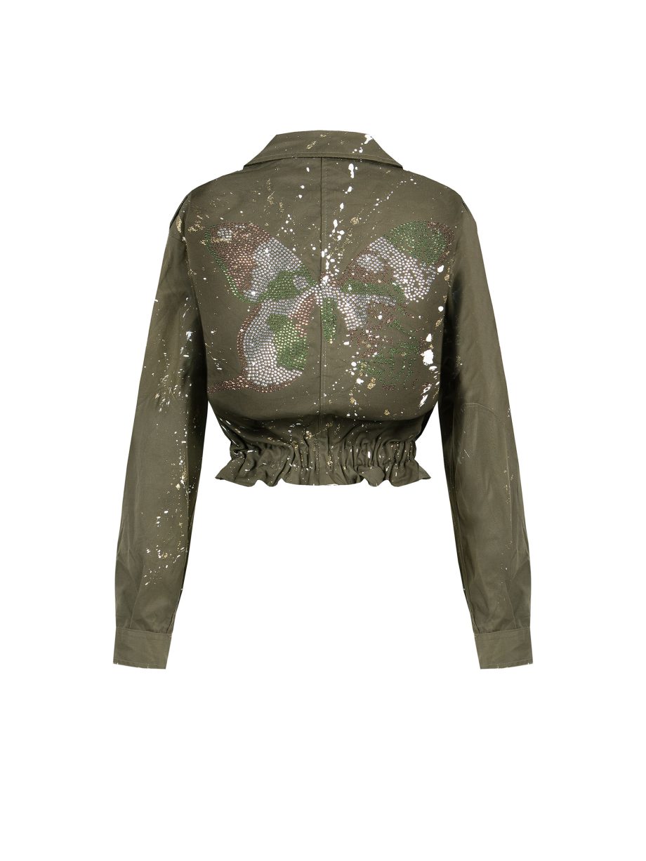 Giacca Corta Militare Dipinto a Mano con Strass- Farfalla