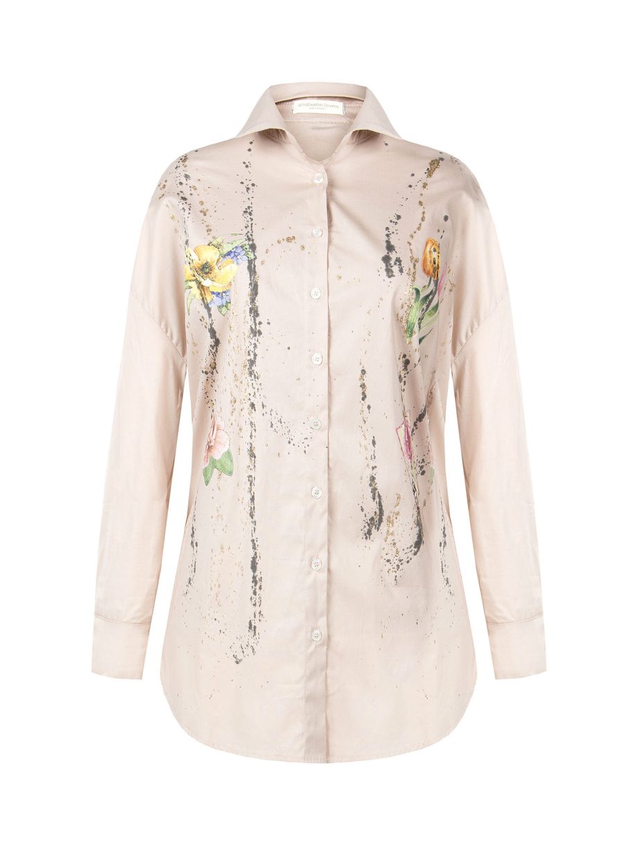 Camicia sabbia dipinta a mano con decorazioni floreali