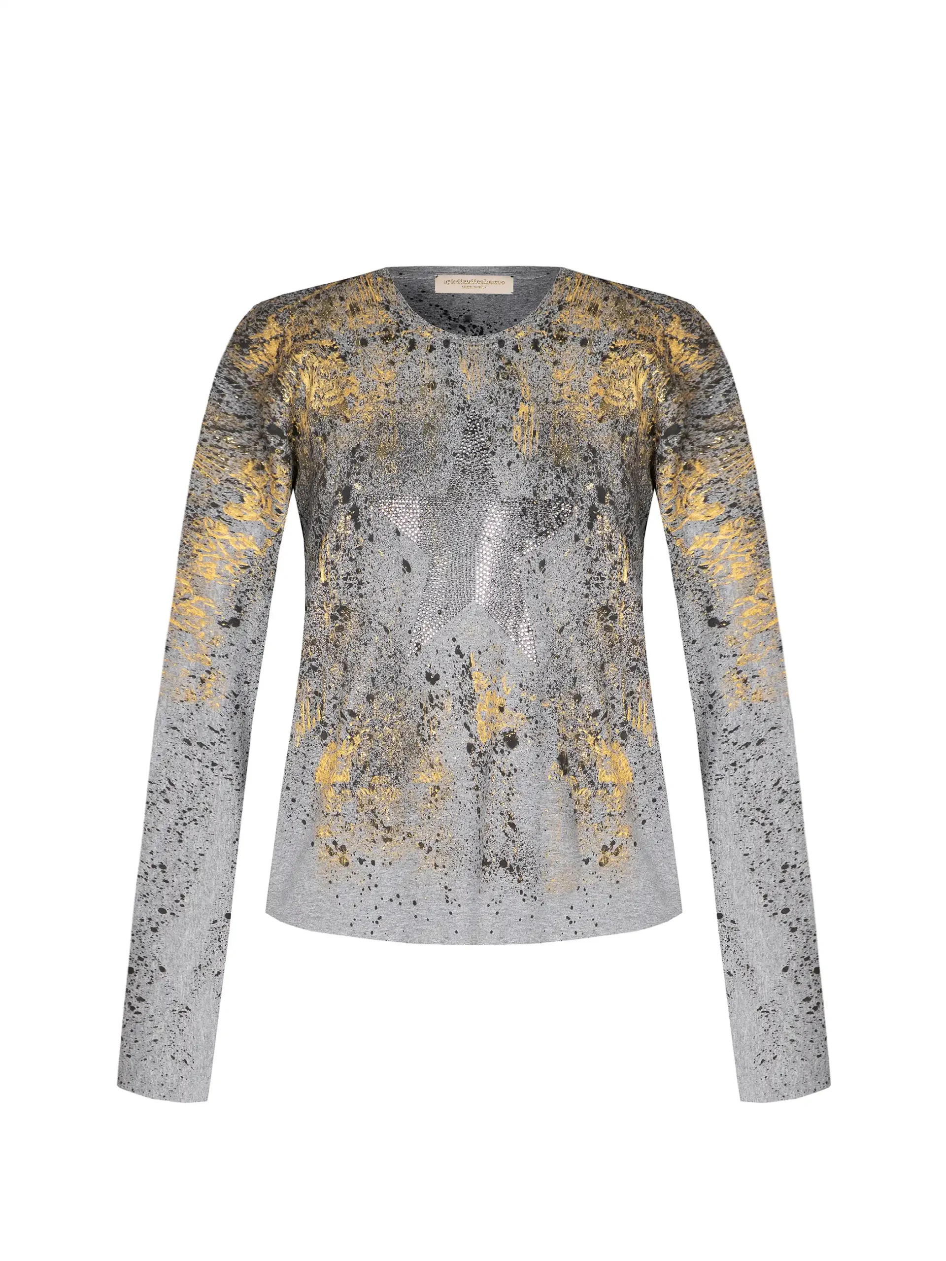 Maglia grigia donna dipinta a mano con dettagli oro e stella in strass al centro – apiedinudinelparco