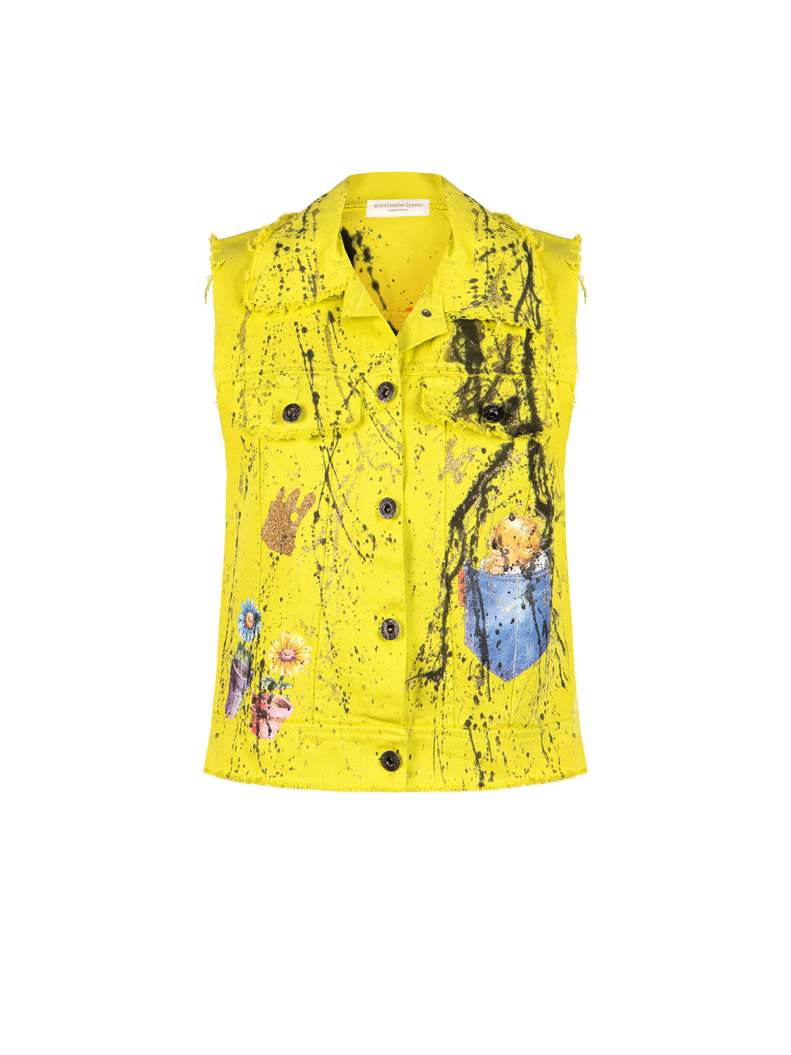 Gilet donna in cotone giallo decorato a mano con pittura e applicazioni floreali.